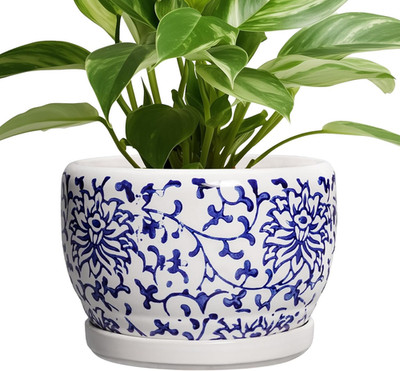 8'' Blue and White Ceramic Planter with Drainage Hole and Saucer for Indoor/Outdo