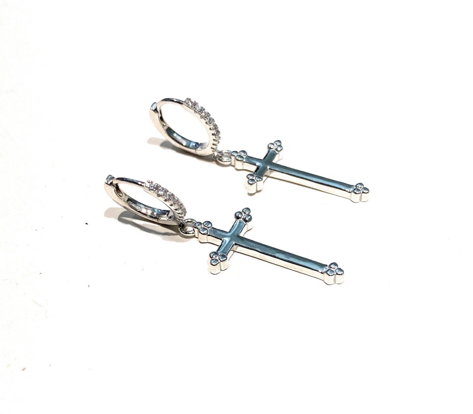 Orecchini a Cerchietto Argento 925 Crocetta Lucida Zirconi Bianchi diWa Jewels - Immagine 2 di 2