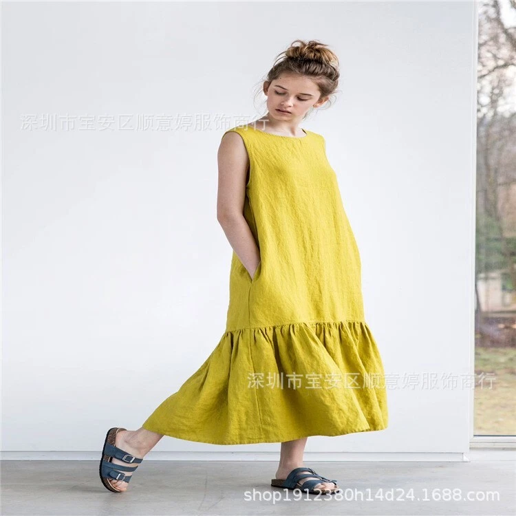 OFF WHITE Abito donna tubino smanicato aderente abito lungo Falbala volant cotone lino