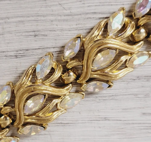 VINTAGE CROWN TRIFARI AB RHINESTONE GOLD LINK 6.5" BRACELET SIGNED JEWELRY RETRO
