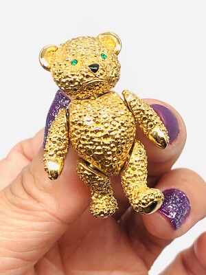 Vtg LES BERNARD? Teddy Bear Green Eyes  Movable Arms Legs Head Cute 3D Pin