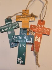 Christmas Wood Cross Ornaments Set Of Four With Words And Jute Hangers