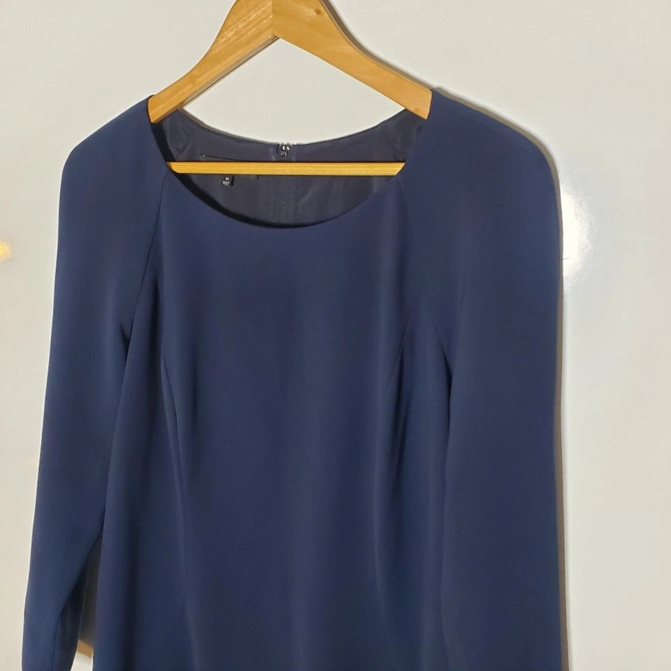 Lafayette 148 NY Sheath Dress Armada Navy Blue Leather Trim Size 12 Excellent - Image 2 of 4