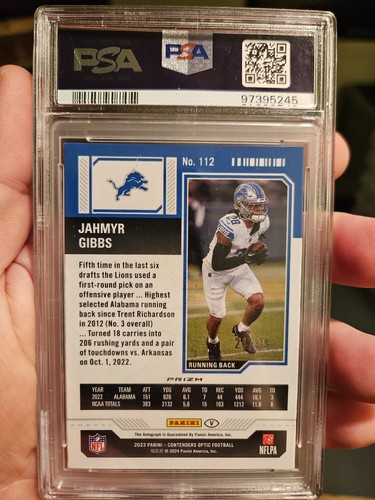 PSA 9 2023 Contenders Optic Jahmyr Gibbs ROOKIE RED VARIATION AUTO /99🔥POP 4🔥 - Picture 2 of 2