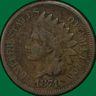 1874 Indian Head Cent Fine F Coin, Corrosion #41037