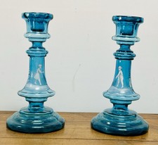 Antica Coppia Di Candelieri In Vetro Blu Dipinto A Mano Primi 900