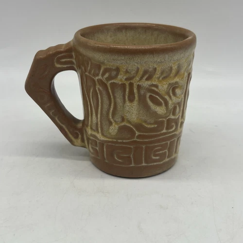 Vtg Frankoma Pottery Grand Coffee Mug Mayan Aztec Tiki Prairie Tan 3.5" Tall