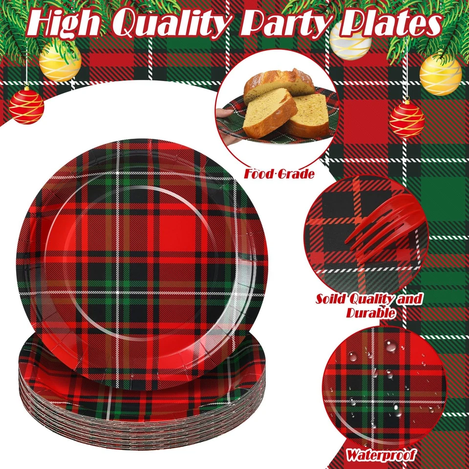 90 Pcs Christmas Plaid Plates 9 Inch Red and Green Black Xmas Paper Plates fo... - Image 3 of 4