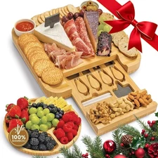 Charcuterie Board Set with Accessories Drawer - Real Bamboo Cheese Board & St...