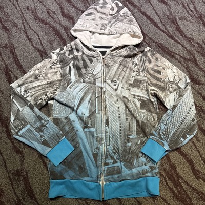 Vtg Y2K Zoo York Zip Hoodie Mens L All Over Print  NYC Streetwear Double Sided