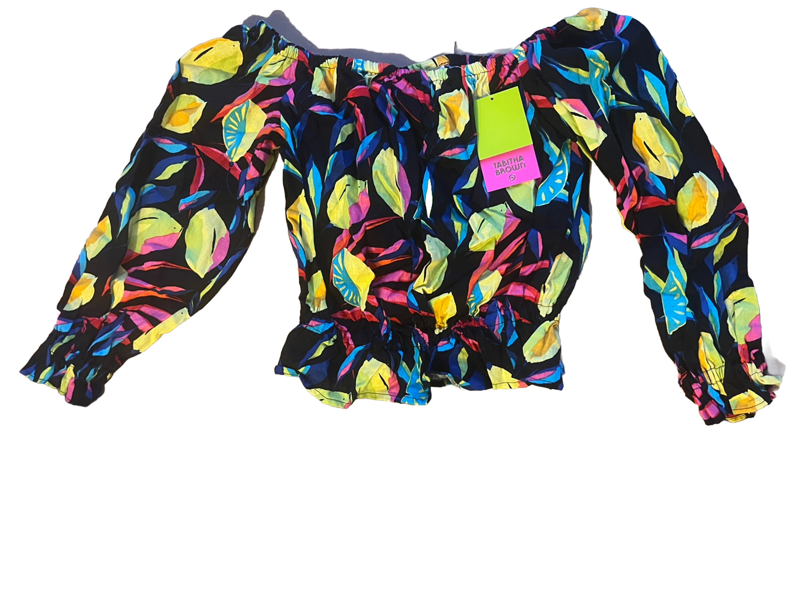 Tabitha Brown for Target Women's Lemon Print Bardot Top - Black Size XXS NWT