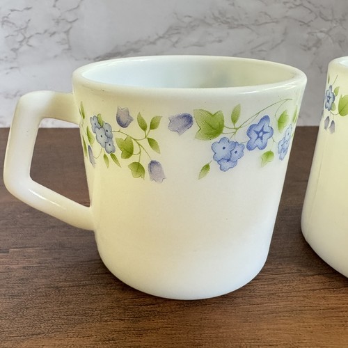 Vintage Pair La Opala Opal Glass Coffee Mugs Blue Floral Design Flowers Set of 2 - Picture 5 of 8