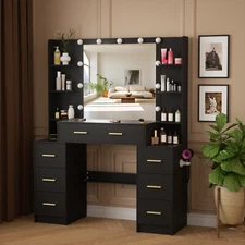 Black Vanity Desk with Mirror and Led Lights,Makeup Vanity Table with 7 Drawers