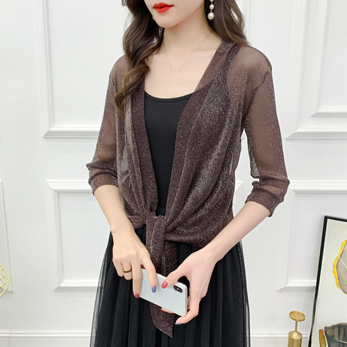 Ladies Shiny Mesh Cropped Cardigan Open Front Shawl Bolero Shrug Sheer Blouse - Picture 9 of 23