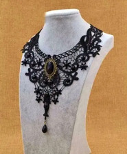 SOFT BLACK LACE BEADED CHOKER NECKLACE w/ GLASS  METAL PENDANT VICTORIAN STYLE