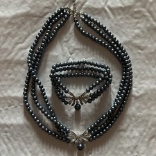 Black Metallic Faux Pearl Jewelry Gift Set Bracelet Necklace