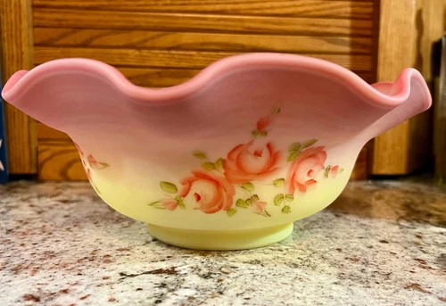 Fenton**BURMESE GLASS ENGLISH ROSE BOWL **Pre-Logo..Nancy Gribble..GLOWS