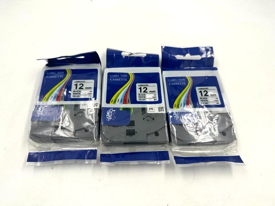 12mm x 8M Label Maker Tape for TZC231 3 Pack Durable and Long-Lasting TCZ-231