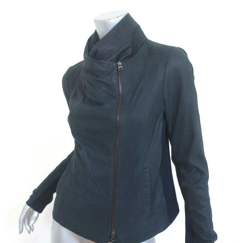 Vince Cowl Neck Leather Biker Jacket Navy Size Medium - Image 2 of 4