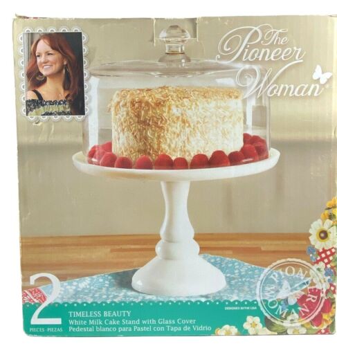 Pioneer Woman Timeless Beauty 10 Inch White Milk Cake Stand with Glass Cover - Afbeelding 1 van 7