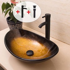 Bathroom Tempered Oval Glass Vessel Sink ORB Faucet Pop up Drain Combo Set Brown
