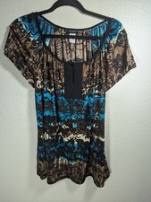 Perseption Tunic Top 1X Poly Spandex Turquoise Brown Peasant Boho Made In USA