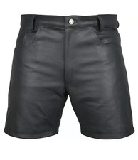 Mens,Cow Leather Shorts Black Casual 5 Pockets Short Zipper Fly Real Leather