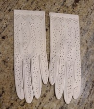 New Vtg Sz XS S Ivory Leather Formal 8.5"Gloves Pierced Eyelet Geometric Italy