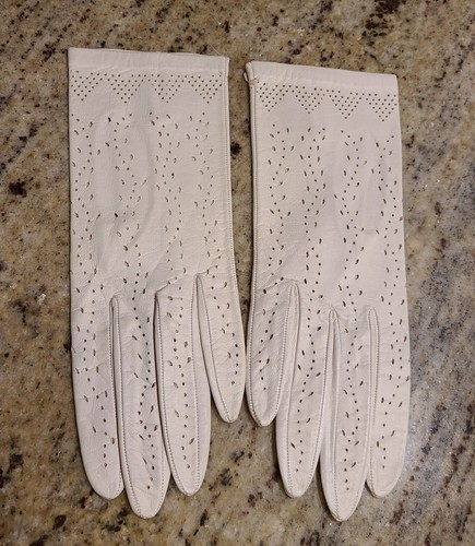New! Vtg Sz XS S Ivory Leather Formal 8.5"Gloves Pierced Eyelet Geometric Italy