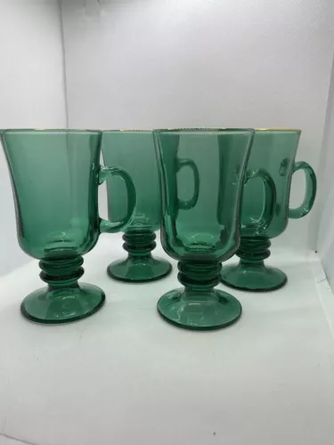 Libbey Glass 4PC TEARDROP JUNIPER GREEN Irish Coffee Mugs Gold Rims