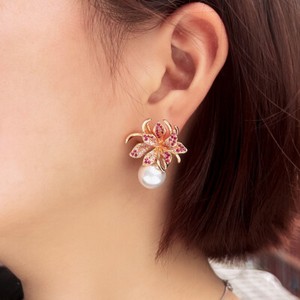 Authentic Gold Plated Hot Pink Cubic Zircon Flower Stud Pearl Drop Earrings for Women Prom
