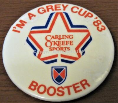 CFL 71st GREY CUP 1983 Booster Button LIONS 17 ARGOS 18, 2 1/4'' CARLING O'KEEFE 