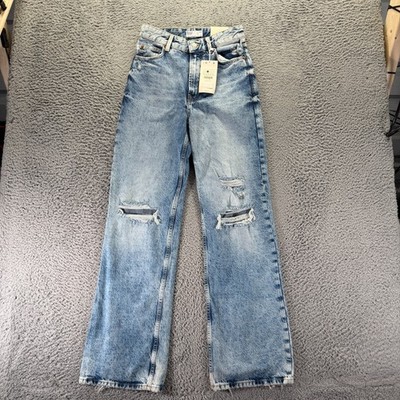 Vintage Bershka Claudia Jeans Womens 4 Blue Cotton Denim Wide-Leg 90s Distressed