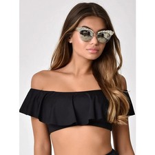 Unique Vintage Black Ramona Ruffle Tiered Swim Bikini Bathing Suit Top Size XS
