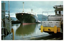 Miraflores Locks Panama Canal Hongkong Express Cargo Ship Vintage Postcard