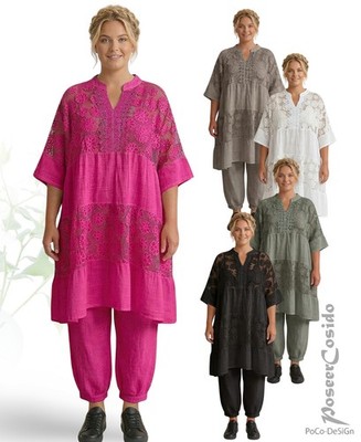 LAGENLOOK Leinen-Spitze-Look Tunika Kurz-Kleid schwarz weiß 46 48 50 52 54 56 58