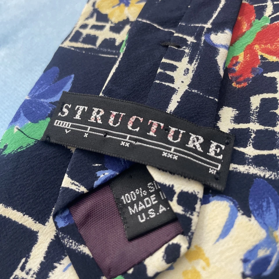 Estructura Vintage Años 90 Estampado Floral Corbata de Seda Azul Hecha en EE. UU. Boda Dandy Arte 57" Foto 3 de 4