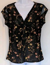 Black Floral Sheer Mesh V-Neck Blouse Size Small Fairy Grunge Whimsigoth Y2K