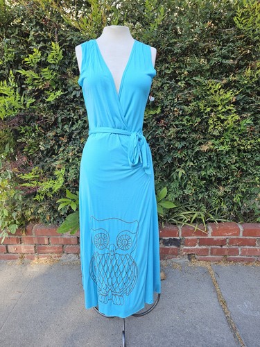 Moss Mills Blue Sleeveless V-Neck Maxi Wrap Dress Tie Waist Owl Graphic Sz Large