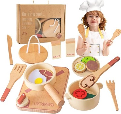 Pot Set and Tableware for Play Kitchen, Children's Kitchen Accessories Made o...