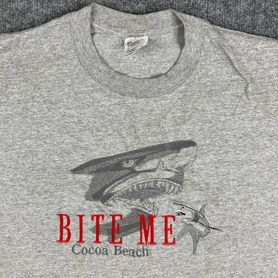Anvil T-Shirt Mens Size XL Gray Bite Me Cocoa Beach Florida Funny Shark Graphic