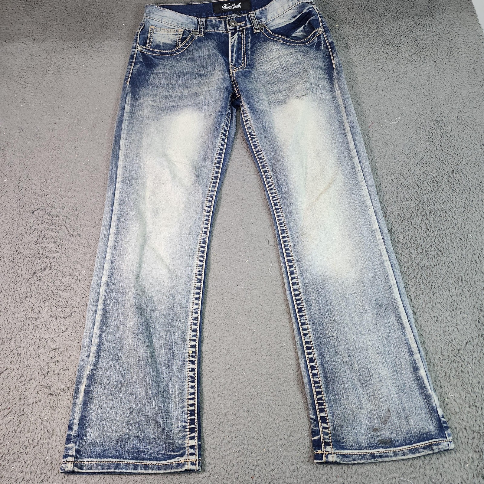 True Luck Jeans Mens 30x32 Blue Stretch Straight Leg Distressed Faded Denim