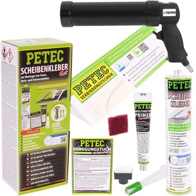 PETEC SCHEIBENKLEBER-SET 310 ml DRUCKLUFT-KARTUSCHEN-PRESSE FRONT & HECKSCHEIBE