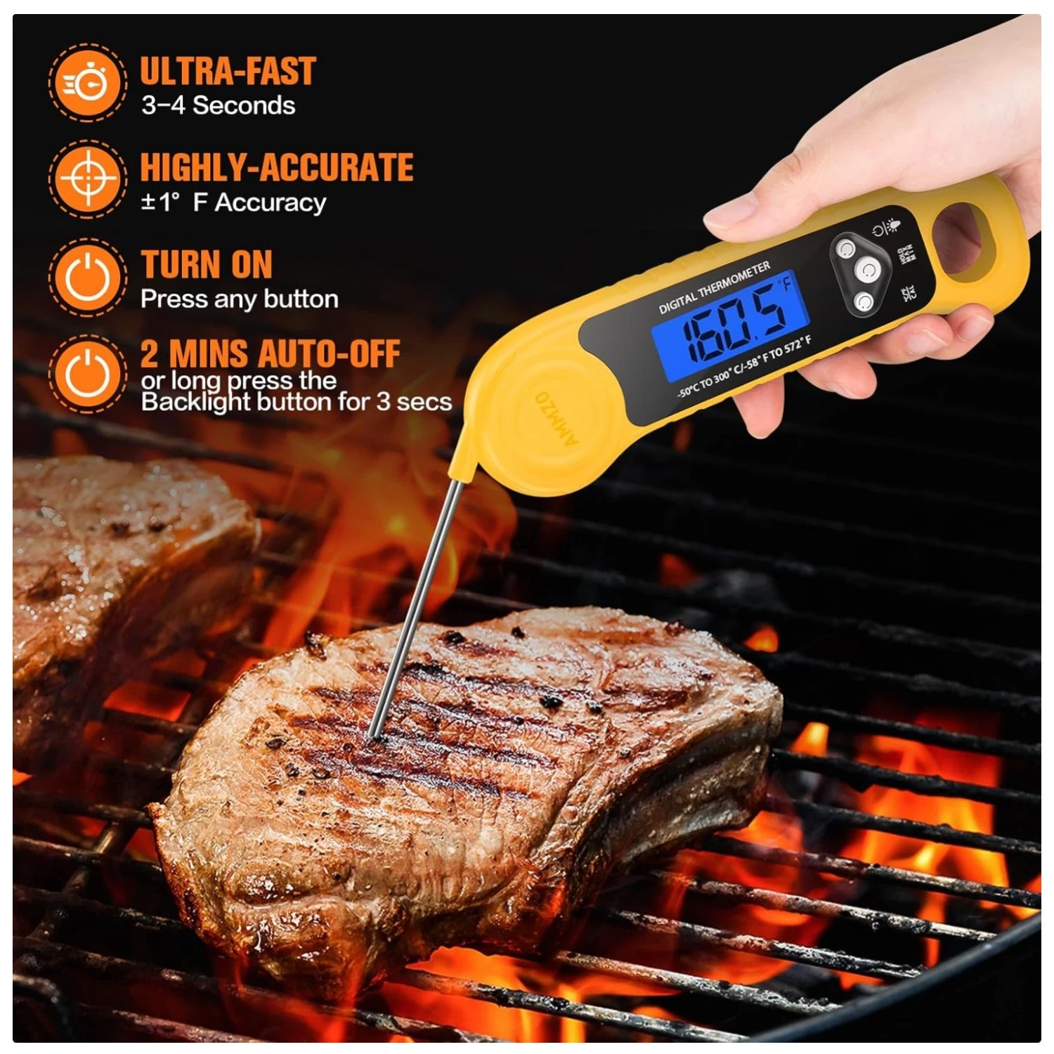 Instant Read Digital Meat Thermometer - Waterproof & Backlit