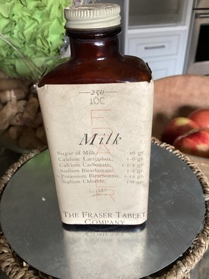 Fraser Tablet Company Amber 6.5''  Glass Bottle w/ Label Milk Pills Vintage