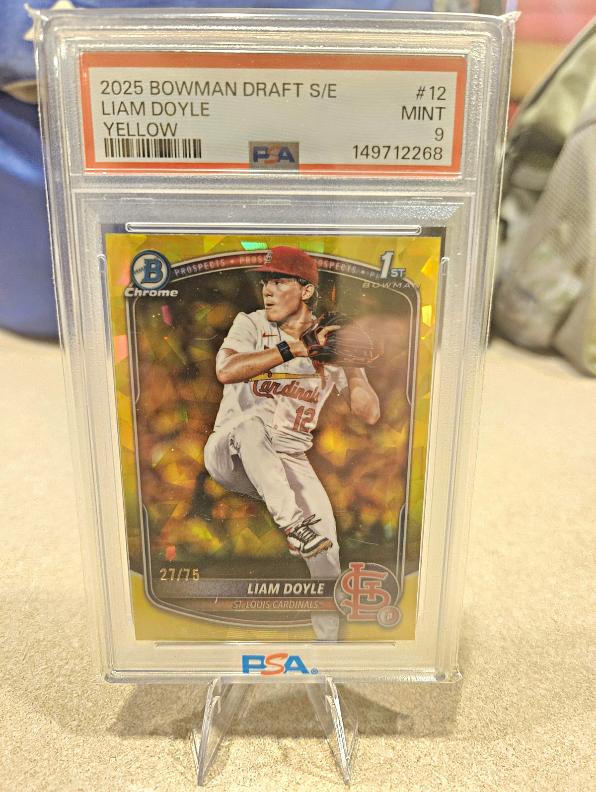 Bowman 2025 Draft Chrome Liam Doyle Cardinals Yellow #12 /75 PSA 9