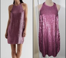 NEW Express Pink Sequin Halter Mini Dress Sz L Shift Party Sparkle Sexy Backless