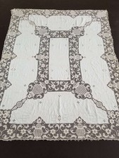 Vintage French Hand Embroidered Linen Lace Tablecloth 194x160cm