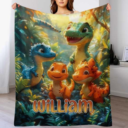 Manta de franela personalizada Dino Friends nombre personalizado regalo para niños
