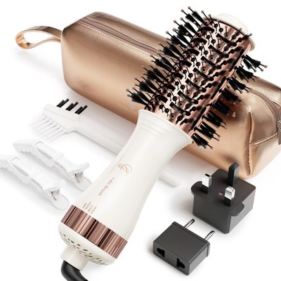 Travel Blow Dryer Brush in one, Dual Voltage S-Travel, White & Rose Gold 